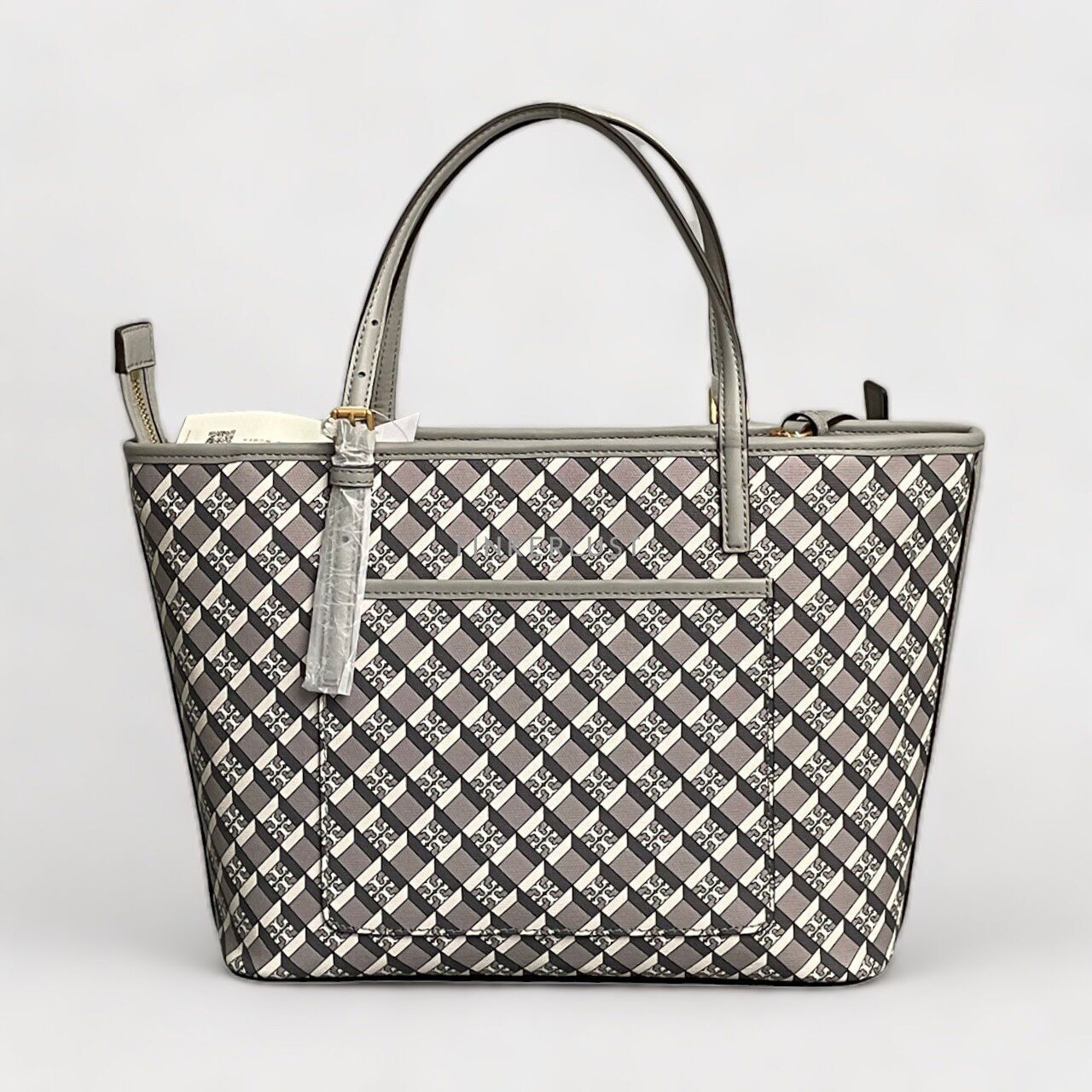 tas satchel Tory Burch Geo Logo Mini Zip Top Tote in Gray